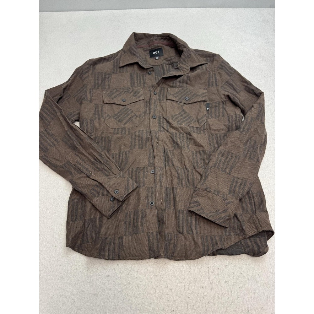 HUF Shirt Mens Medium Brown Graphic Print Long Sleeve Button Up Casual